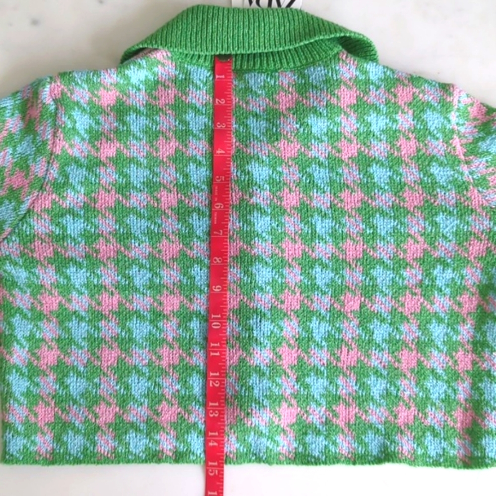 ZARA Houndstooth Knit Crop Cardigan & Skirt Set 2 pc S pink green mini skirt - Picture 11 of 13
